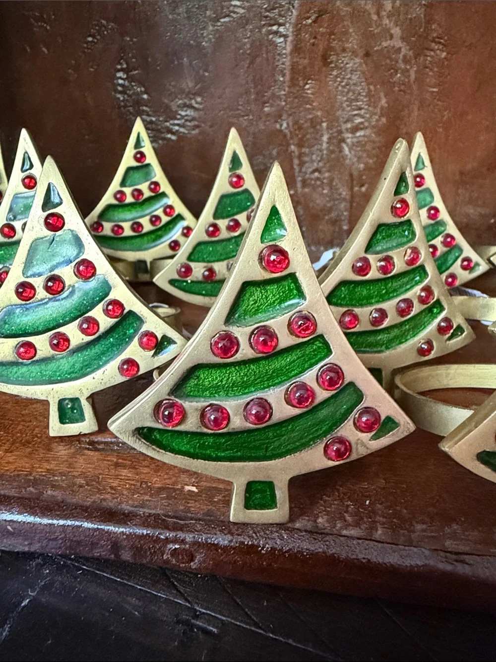 Vintage Holiday Green & Red Brass Enamel Christmas Tree Pier 1 Napkin Holders 12